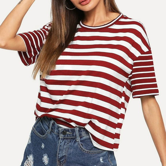 Aueoeo Flowy Tops for Women, Women's Summer Tees Short Sleeve Crewneck Striped Tops Shirt Casual Loose Fit Blouses Basic Shirts