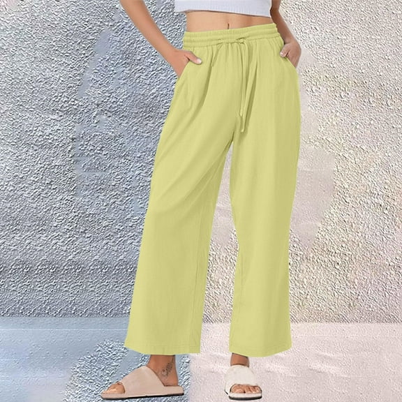Aueoeo Flowy Trousers Pants For Woman Lightweight Pants High Waisted Drawstring Summer Fall Loungewear Casual Pants with Pockets