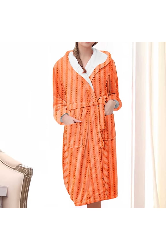 Fuzzy Robes for Women Hooded Graphic Printed Front Long Bathrobe Warm House Robe Sleepwear with Pockets