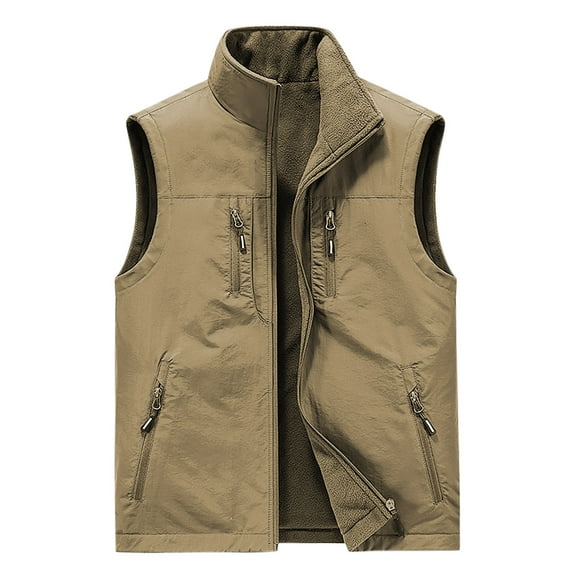 Aueoeo Fuzzy Vests For Men Outdoors Spring Warm Waistcoat Stand Collar Full Zipper Work Jackets With Pockets