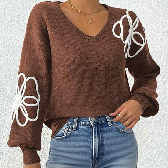 Aueoeo Girls Sweaters, Soft Comfy Woman Casual Flower Ribbon Embroidery Irregular Embroidered V-Neck Sweater Tops Knitwear