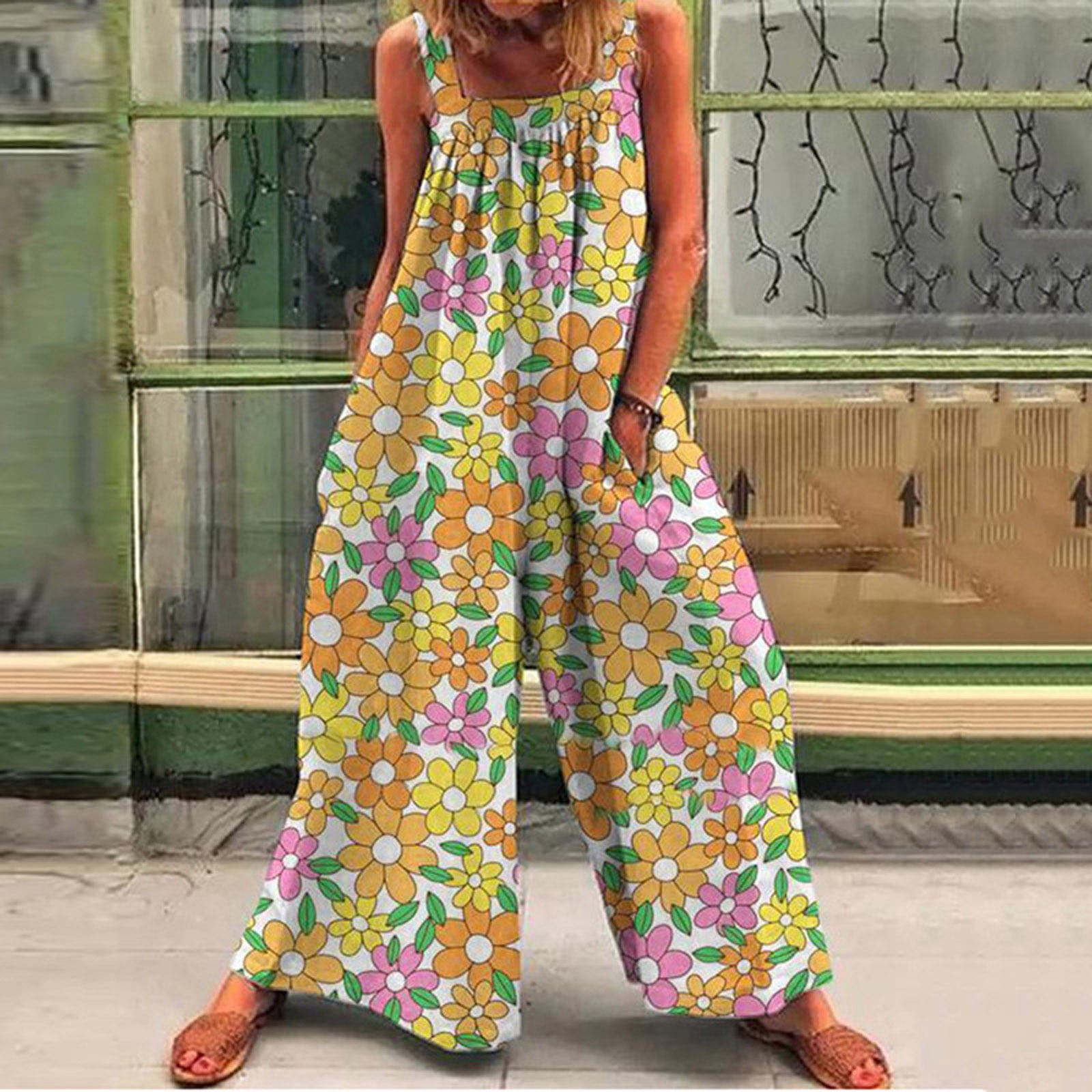 Aueoeo Flowy Jumpsuits for Women, Women's Wide Leg Long Pants Rompers  Floral Printed Buttons Sleeveless Jumpsuits Loose Overalls