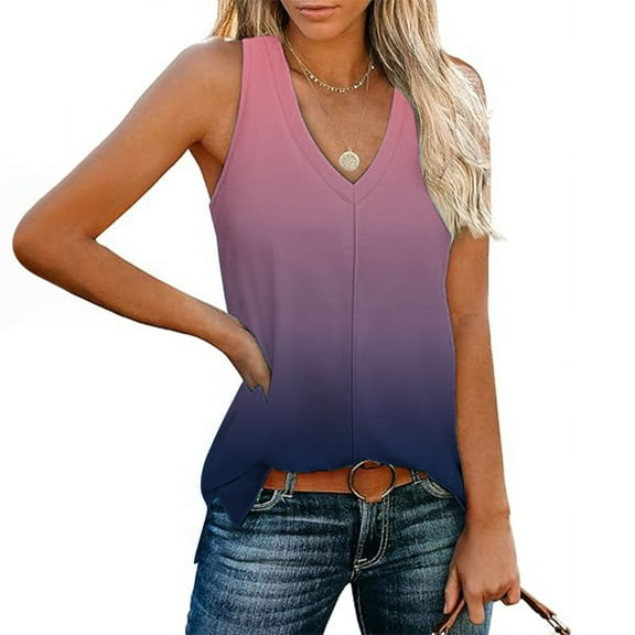 Aueoeo Gradient Color Tank Top For Women Lighjtweight V Neck Sleeveless Vests Bottom Hem Split Top Trendy Flowy Blouse