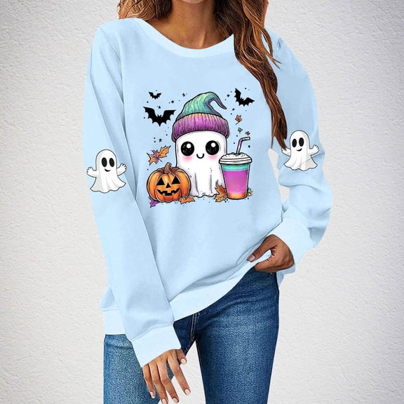 Aueoeo Halloween Tops for Women Dressy Crewneck Long Sleeve Shirts Funny Festival Printed Lightweight Basic Tee Vacation Casual Outfits