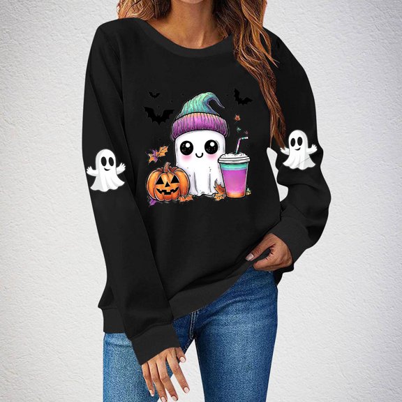 Aueoeo Halloween Tops for Women Dressy Crewneck Long Sleeve Shirts Funny Festival Printed Lightweight Basic Tee Vacation Casual Outfits