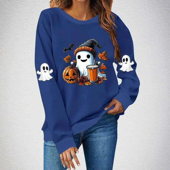 Aueoeo Halloween Women Dressy Top Funny Festival Printed Tees Crewneck Long Sleeve Shirts Lightweight Basic Tee Vacation Casual Outfits