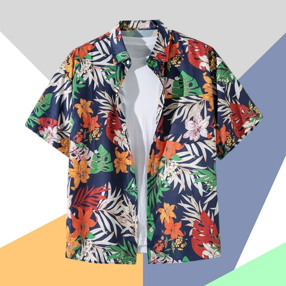 Aueoeo Hawaiian Shirts for Men Summer Beach Shirts Button Up Short Sleeve Laple Collar Blouses Flower Printed Top