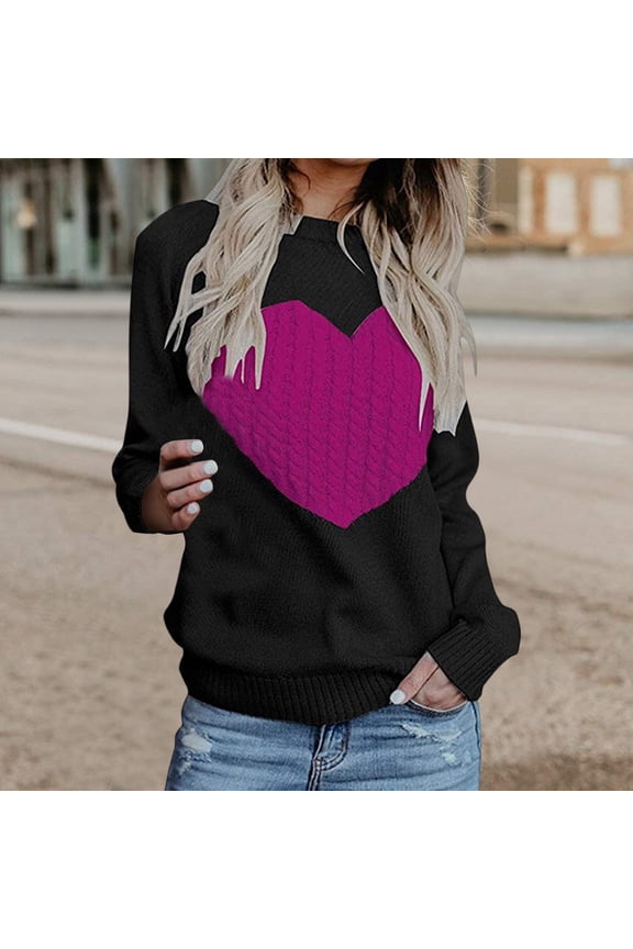 Heart Graphic Sweater for Women Fall Winter Cute Long Sleeve Crew Neck Knitted Casual Pullover Tops