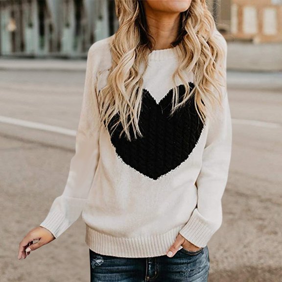Aueoeo Heart Graphic Sweater for Women Fall Winter Cute Long Sleeve Crew Neck Knitted Casual Pullover Tops