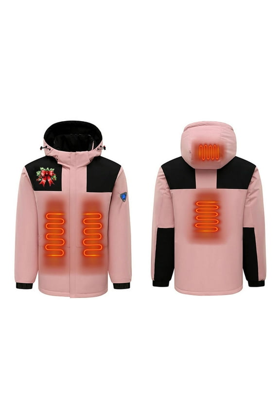 Heated Jacket Unisex Winter Outdoor Warm Lightweight Electric Heating 4 Areas Coat With Hooded(No Power Bank) Pink S