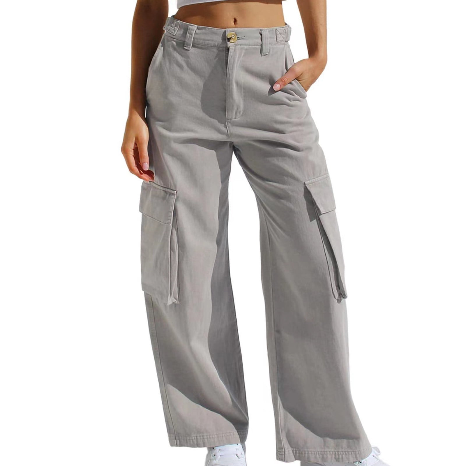 Aueoeo Cargo Pants Women Baggy, Gym Pants for Women Women's Fashion Casual  Solid Elastic Waist Trousers Long Straight Pants