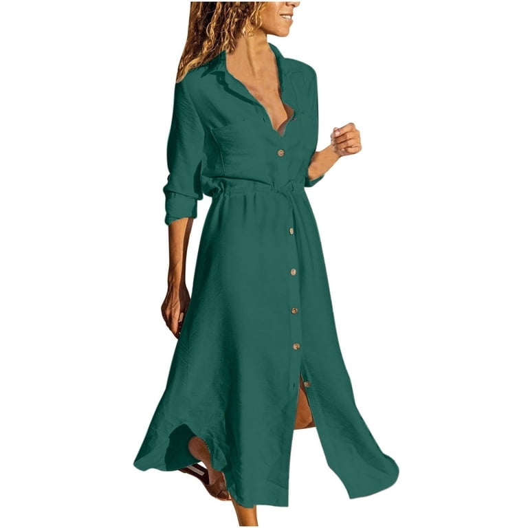 Aueoeo Holiday Cocktail Dresses for Women 2024, Women's Cotton Linen Dress  Single Breasted Lapel Button Up Shirt Dress Loose Flowy Dress 