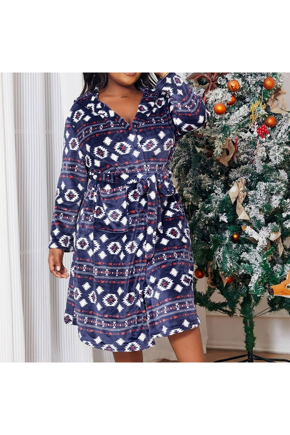 Hooded Velour Robe For Women Mid-Length Nightgowns Long Sleeve Warm Nightdress With Pockets Multicolor X-Large