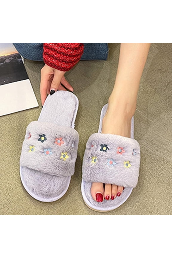 House Slipper for Women Open Toe Comfy Fuzzy Shoes Casual Bedroom Outdoor Slippers With Flower Graphic Decr