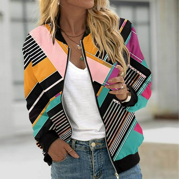 Aueoeo Jacket Women Causal Color Block Zip Up Coats Long Sleeve Spring Fall Jackets Lightweight Outerwear Tops