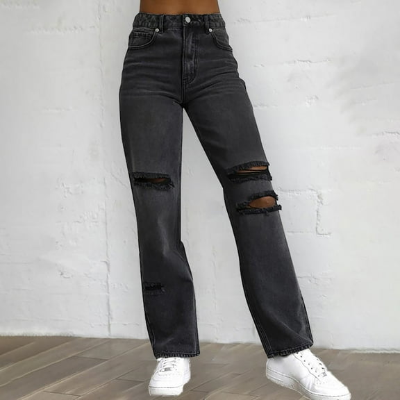 Aueoeo Jeans For Women Regular Fitted Straight Leg Denim Pants Solid Color Button Pants Casual Pocket Motorcycle Jeans