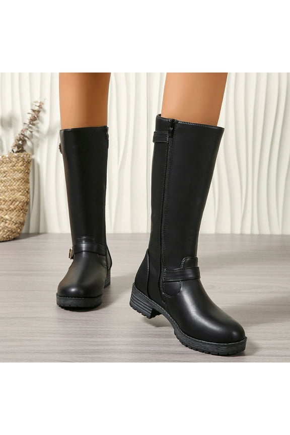Knee High Boots For Women Wide Calf Flat Low Heel Side Zipper Faux Leather Winter Warm Boot With Buckles Black