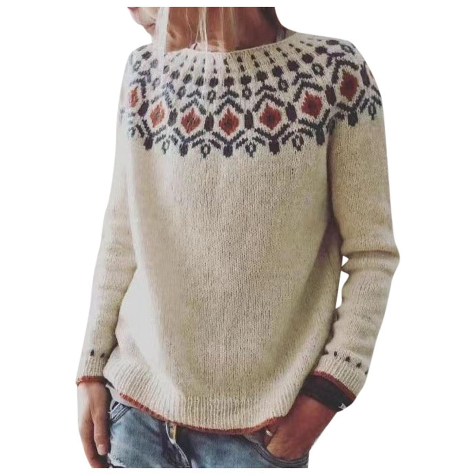 Aueoeo Knit Sweater, Women's Pullover Sweaters Crew Neck Long Sleeve ...