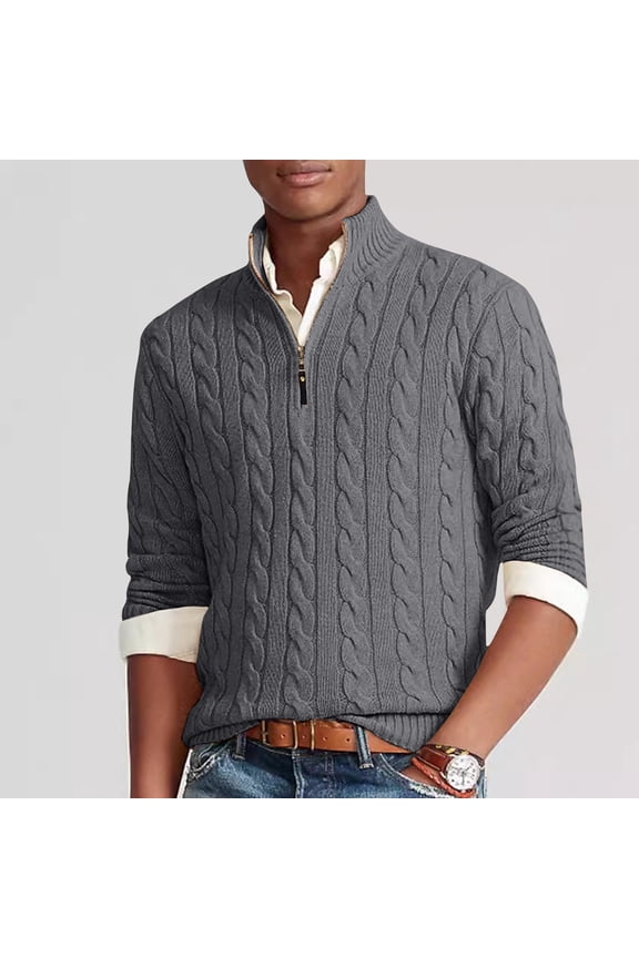 Knitted Texture Sweater For Men Quarter Zip Soft Pullover Mock Neck Long-Sleeve Casual Ribbing Sweater Tops