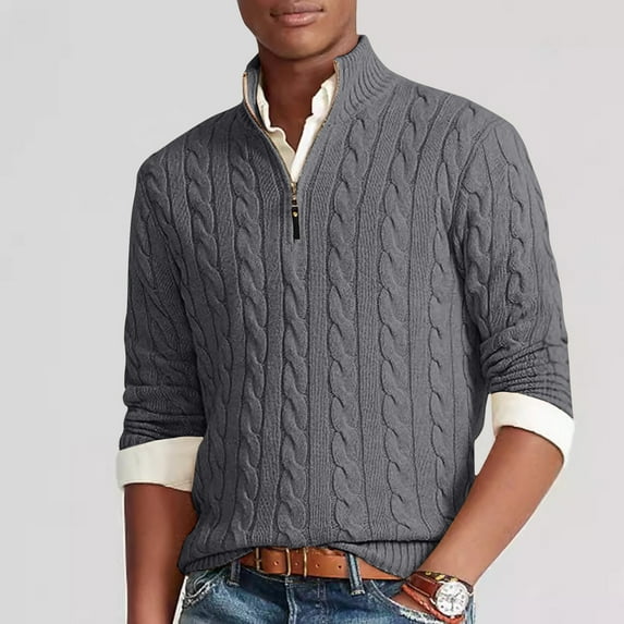 Aueoeo Knitted Texture Sweater For Men Quarter Zip Soft Pullover Mock Neck Long-Sleeve Casual Ribbing Sweater Tops