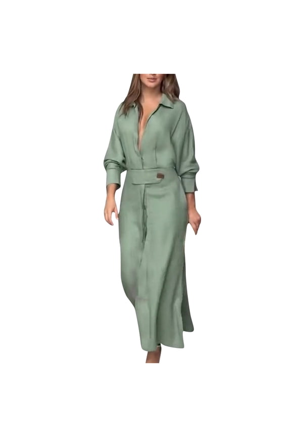 Ladies Dresses with Sleeves, Women's Pleated Long Sleeve Party Cocktail Long Maxi Button Front Shirt A-Line Dress Plus Size Pockets