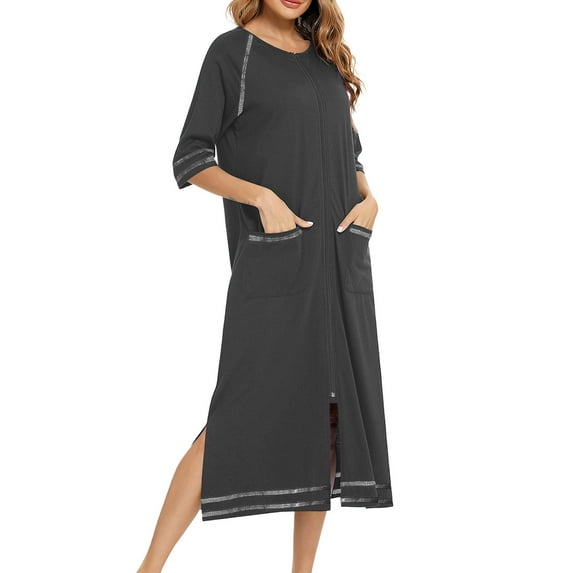 Aueoeo Length Zipper Robes for Women Crew Neck Bathrobe Lightweight Full Long Loungewear Robe with Pockets