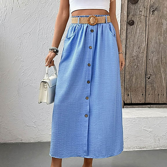 Aueoeo Lightweight Skirts for Women Midi Length Button Up Skirts A Line Flowy Beach Vacation Outfits Dressy Skirt with Pockets