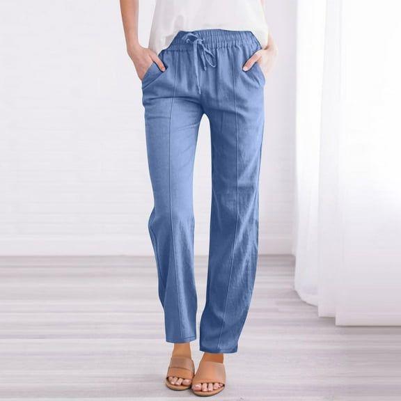 Aueoeo Linen Pants For Women Fashion Solid Color Pant Drawstring Elastic Waist Straight Wide Leg Loose Trouser