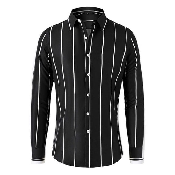 Aueoeo Long Sleeve Shirts for Men,New Men's Fashion Stripe Print Shirt Long Sleeve Collar Button Casual Slim Shirt Top Blouse Shirt (Available in Big & Tall)