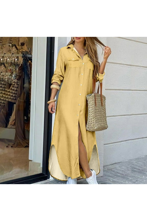 Long Sleeve Short Dress, Shirt Dresses for Women Summer Dresses Vneck Long Sleeve Mini Button Up Dress Casual Maxi Sundress