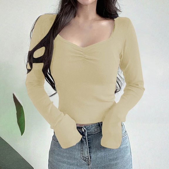 Aueoeo Long Sleeve Tops For Womens Casual Solid Color Funny Shirts Dressy Slim Fitted Streetwear Blouses