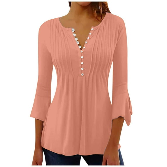 Aueoeo Long Sleeve Tops for Women, Womens Casual Button Up Shirts V Neck Chiffon 3/4 Sleeve Shirt Collared Office Work Blouses Tunic Tops