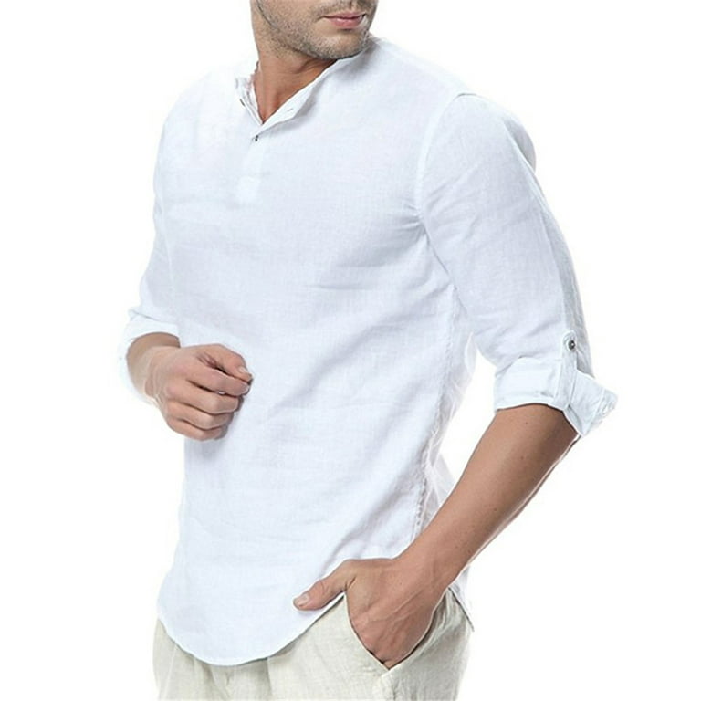 Aueoeo Long Sleeve Work Shirts for Men, Men's Baggy Henley T-Shirt Cotton  Linen Shirt Summer T-Shirt Solid Short Sleeve V-Neck T-Shirts Tops Blouse 
