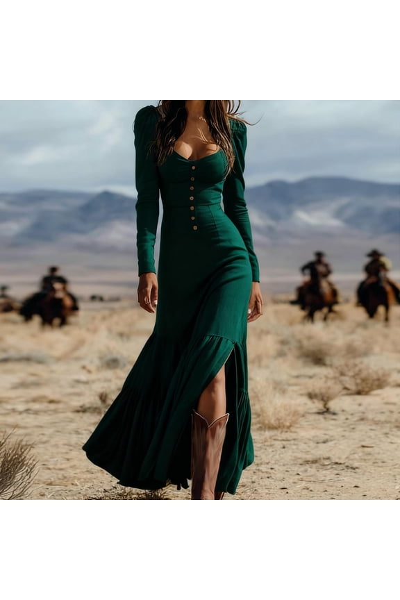 Long Sleeves Maxi Dress for Women A Line Crew Neck Solid Color Dresses Casual Button Long Dress Side Split Dress