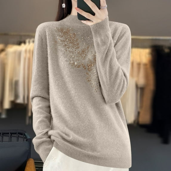 Aueoeo Long Sweaters For Women, Pullover Sweaters For Women Solid Color Rhinestone Half High Neck Knitted Base Sweater Sweater Sweater Weather
