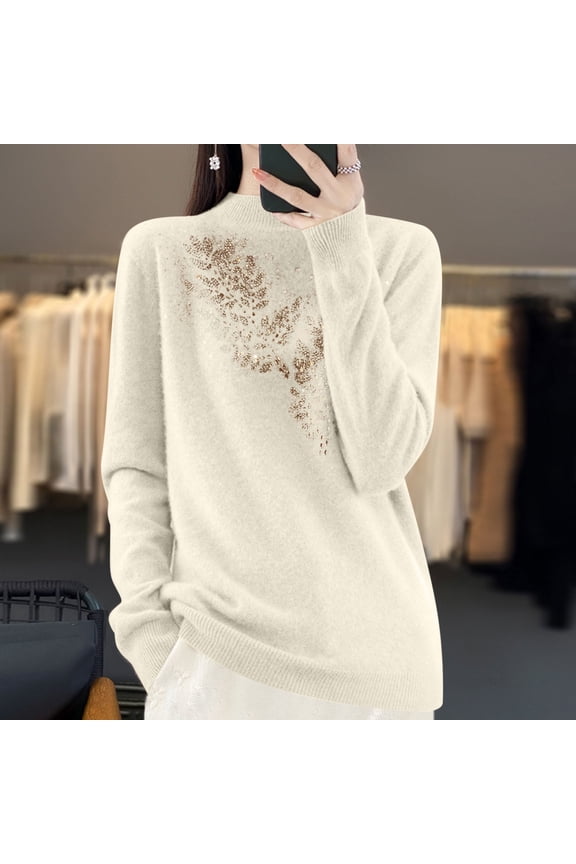 Long Sweaters For Women, Pullover Sweaters For Women Solid Color Rhinestone Half High Neck Knitted Base Sweater Sweater Sweaters