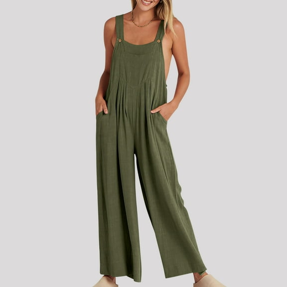 Aueoeo Loose Jumpsuits for Women, Womens Square Neck Sleeveless Jumpsuits Summer Casual Solid Camis Spaghetti Strap Jumpsuit Baggy Overalls With Pockets