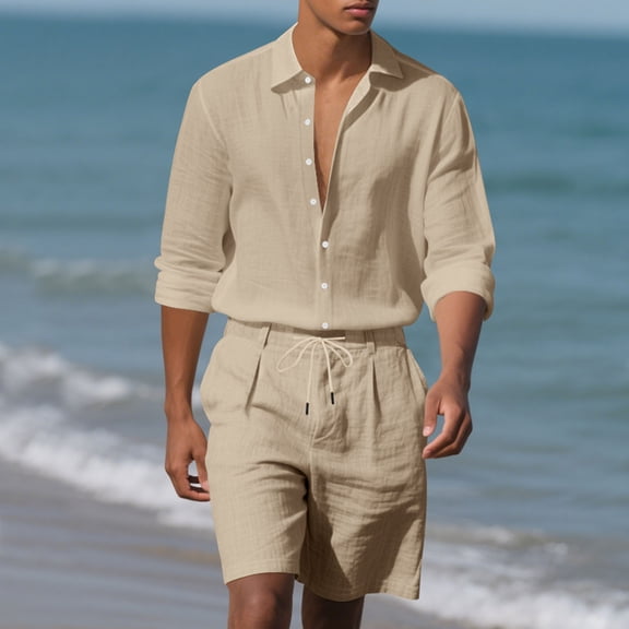 Aueoeo Man Solid Color 2 Piece Outfit Casual Fashion Laple Collar Long Sleeves Shirt Drawstring Waist Short Pants Beach Set