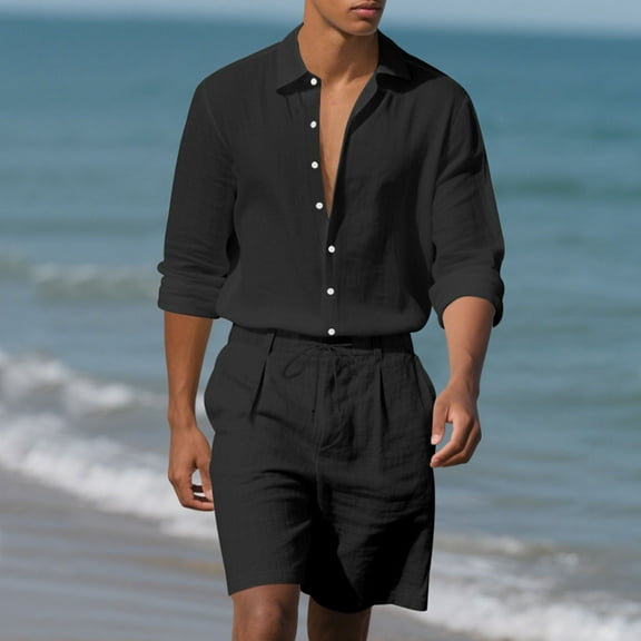 Aueoeo Man Solid Color 2 Piece Outfit Casual Fashion Laple Collar Long Sleeves Shirt Drawstring Waist Short Pants Beach Set