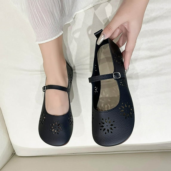 Aueoeo Mary Janes Shoes Women Flat Faux Leather Shoes Fashion Round Toe Strap Comfort Casual Flower Hollow Shoes
