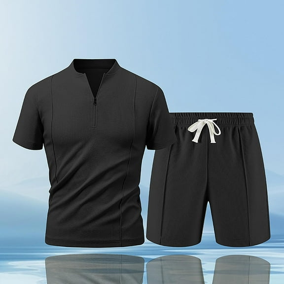 Aueoeo Matching Outfits for Mens 2 Piece Casual Loungewear Sets Short Sleeve 1/4 Zipper Top and Textured Shorts Soft Suits
