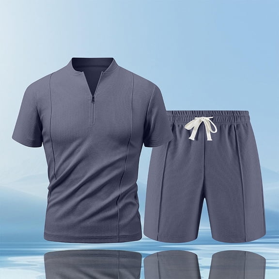 Aueoeo Matching Outfits for Mens 2 Piece Casual Loungewear Sets Short Sleeve 1/4 Zipper Top and Textured Shorts Soft Suits