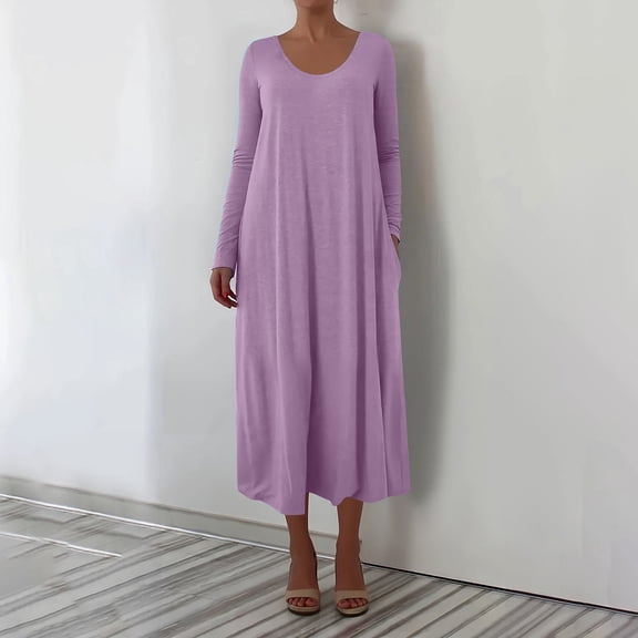 Aueoeo Maxi Dress for Women Long Sleeve Solid Color Maxi Dresses Crew Neck Casual Loose Fitted Long T Shirt Dresses