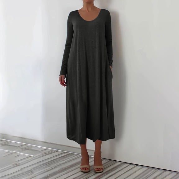 Aueoeo Maxi Dress for Women Long Sleeve Solid Color Maxi Dresses Crew Neck Casual Loose Fitted Long T Shirt Dresses