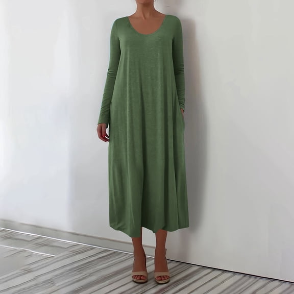 Aueoeo Maxi Dress for Women Long Sleeve Solid Color Maxi Dresses Crew Neck Casual Loose Fitted Long T Shirt Dresses