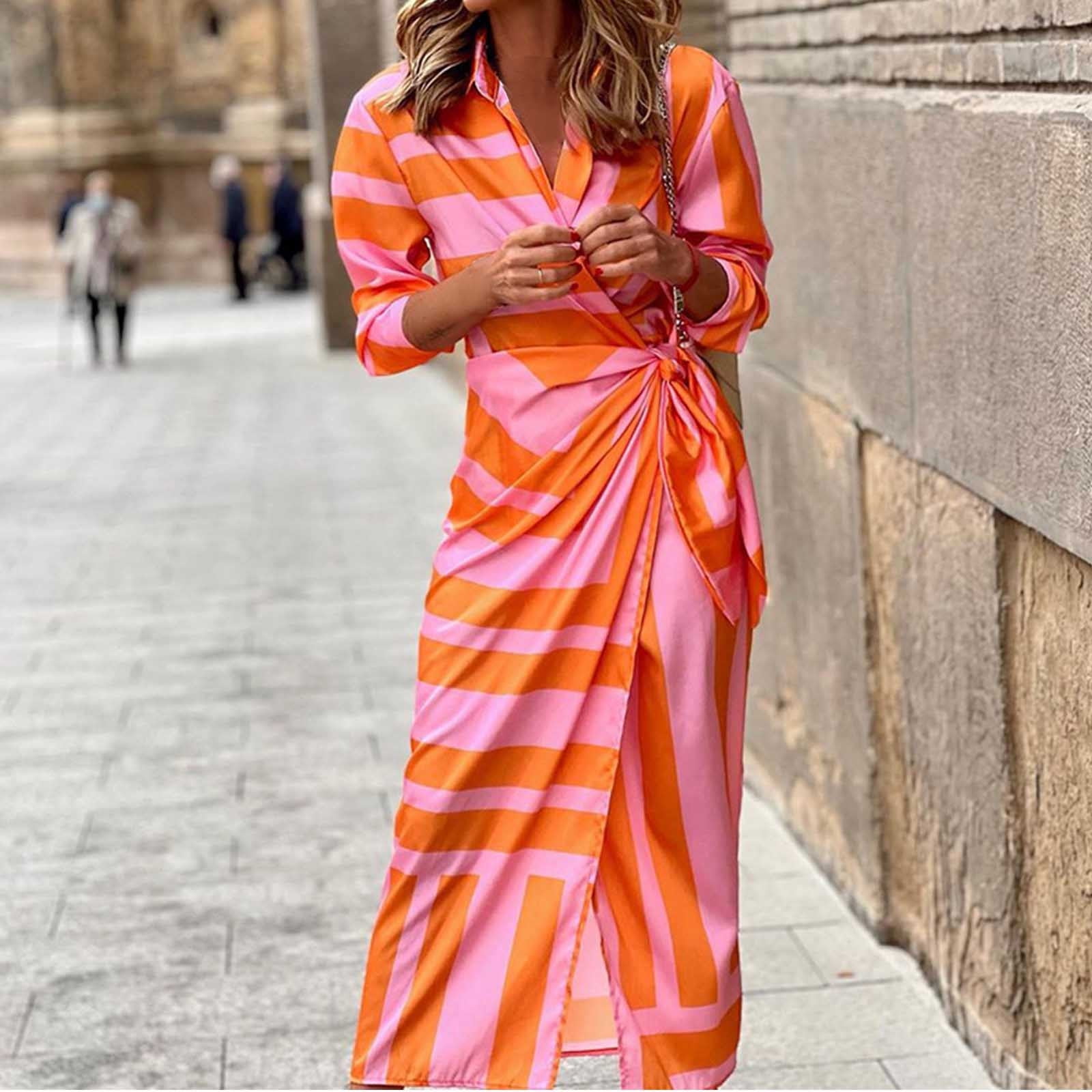 Aueoeo Maxi Dress for Women, Women's Striped Boho Dress Long Sleeve Wrap V  Neck Ruffle Tie Waisted A-Line Flowy Maxi Dresses - Walmart Business  Supplies