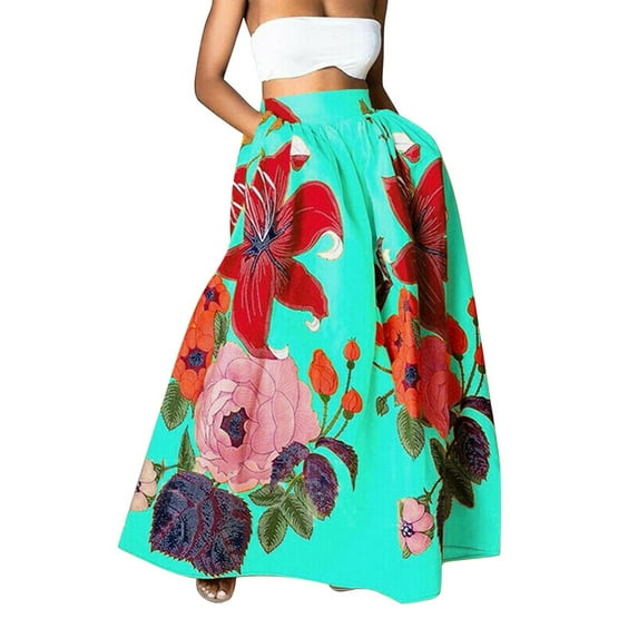 Aueoeo Maxi Skirt For Women Floral Print High Waist Skirt Fashion Loose Flowy Bohemian Skirts With Pocket Navy M
