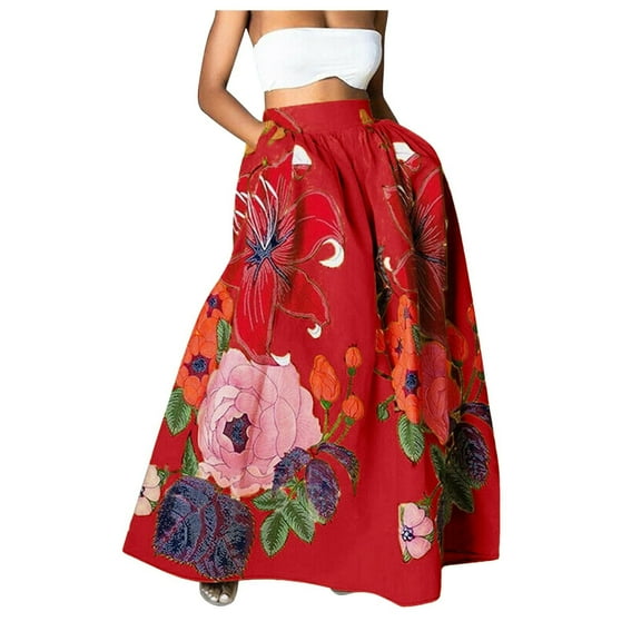 Aueoeo Maxi Skirt For Women Floral Print High Waist Skirt Fashion Loose Flowy Bohemian Skirts With Pocket Red M