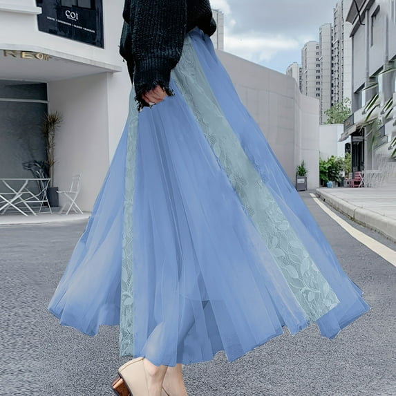 Aueoeo Maxi Skirts For Women A-Line Fairies Lace Skirts Elastic High Waist Tulles Dress Pleated Layered Mesh Long Skirts Sky Blue L
