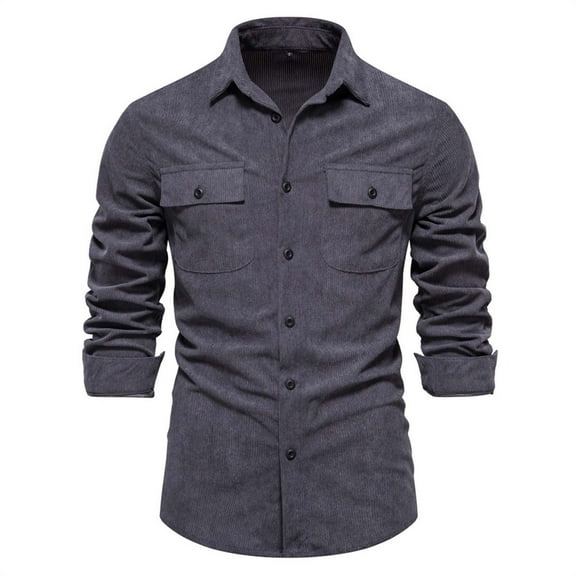 Aueoeo Men Corduroy Shirts Thermal Fashion Casual Long Sleevetee Shirt Button -Down Jacket Tops With Two Pockets Dark Gray S